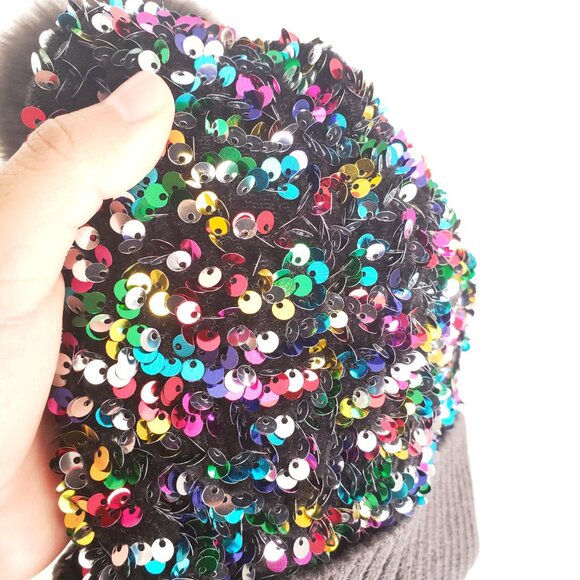 Dull Black Colorful Sequin Winter Beanie Bobble Hat - Picture 9 of 14